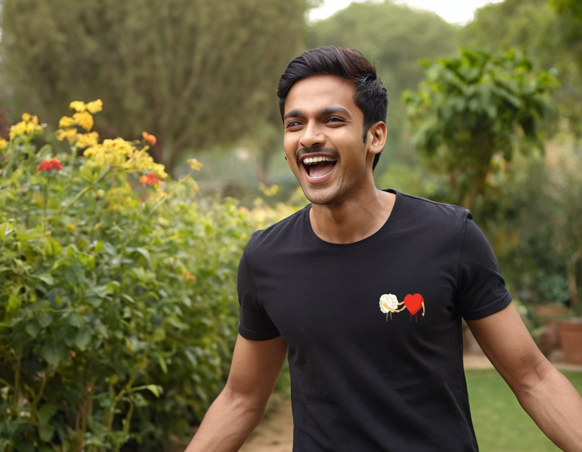 Brain and Heart Handshake Round Neck T-Shirt